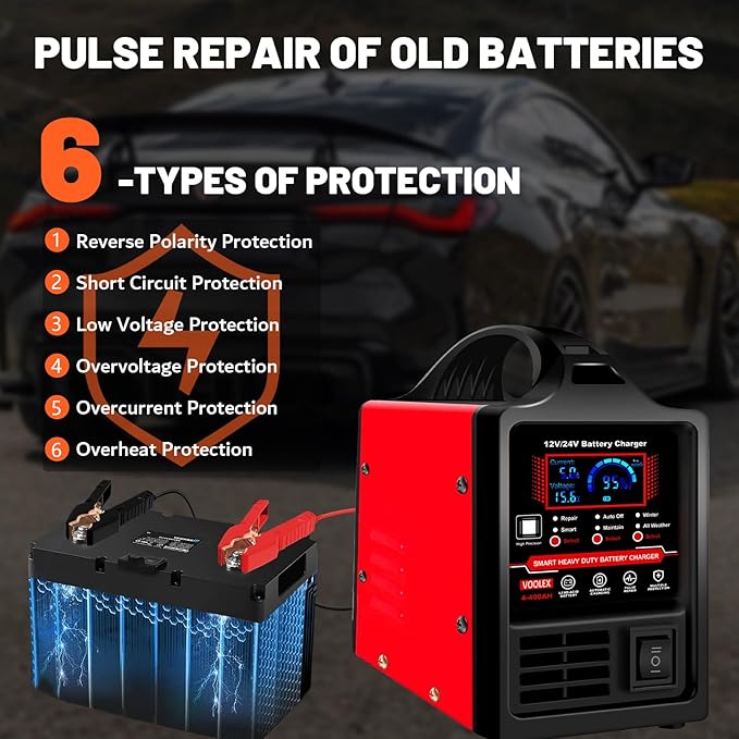 Voolex Car Battery Charger 12V 24V Portable Automotive Trickle Charger Battery Maintainer for AGM Car Truck Motorcycle RV Deep Cycle Repair, Winter Mode(for Lead Acid Batteries)