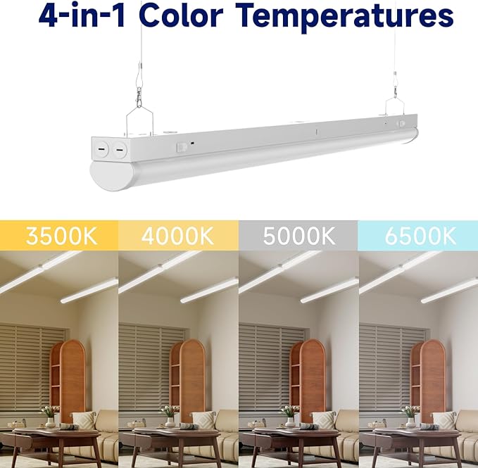 4FT LED Linear Strip Light, LED Shop Lights 30W/35W/40W Selectable,4 Color Selectable 3500K-6500K Adjustable,0-10V Dimmable Commercial Garage Office Ceiling Light Fixture, ETL DLC Listed (4 Pack)