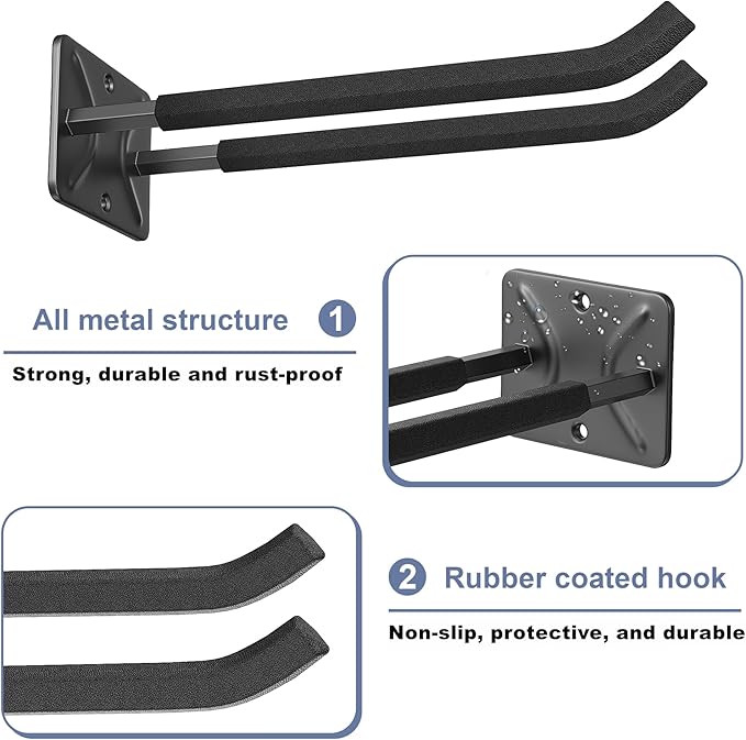 WALMANN Garage Hooks, Heavy Duty 12-inch Wall Hooks for Hanging, Tool Hangers for Car Tires, Ladders, Folding Chairs, Strollers, Garden Tools (Pack of 2)