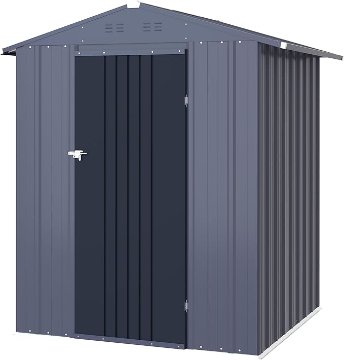 VEIKOU 4' x 4' Outdoor Storage Shed with Thickened Galvanized Steel, Storage Shed with Lockable Door, Air Vents, Metal Shed for Patio Lawn Yard, Grey