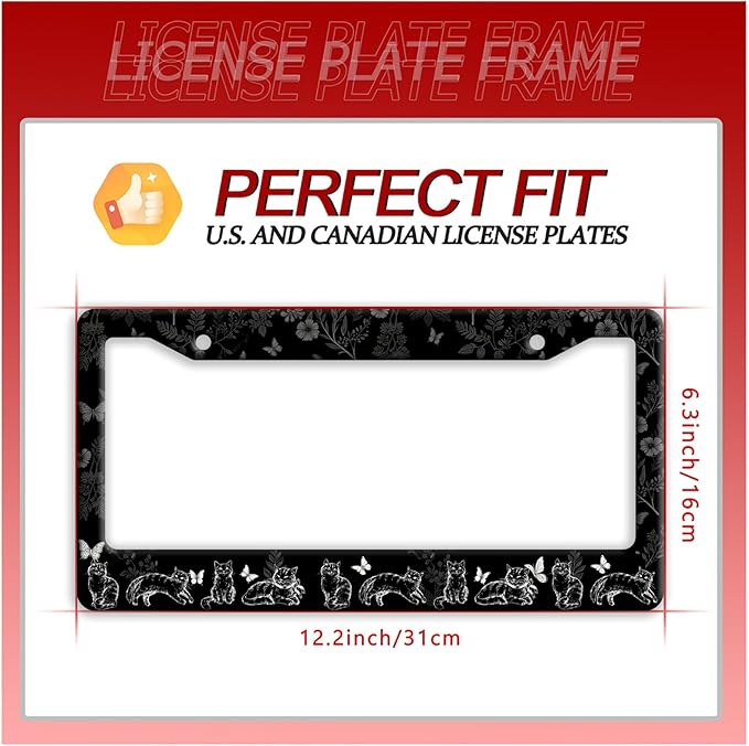 Black White Cat License Plate Frame Butterfly Floral License Plate Frames Funny Auto Accessories Bracket Stainless Steel License Plate with Screws 6x12Inch