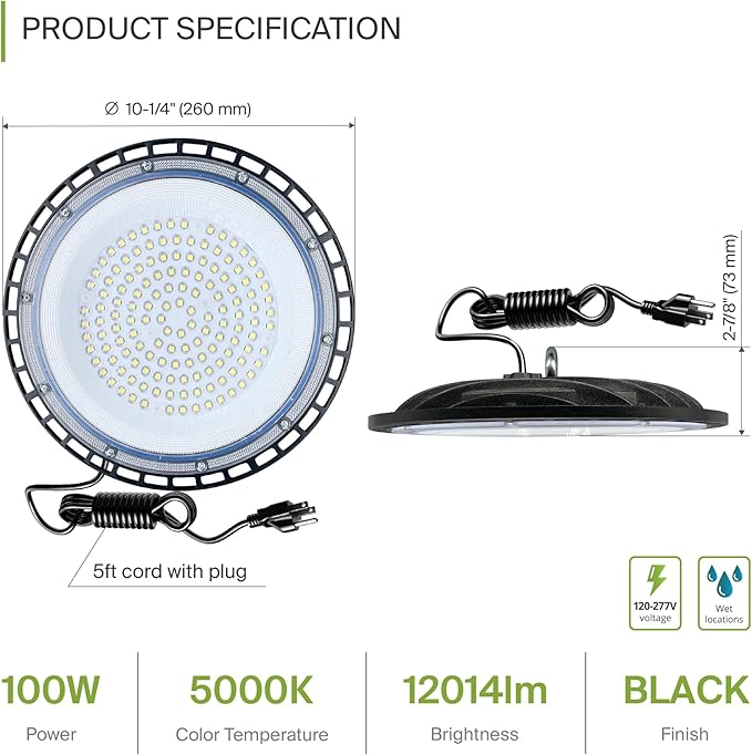 ASD LED High Bay UFO Light Fixture, Commercial Shop Lighting | Plug & Play Cable, IP65 Waterproof, ETL Listed | 100W 18000LM 5000K 100-277V | Warehouse, Garage, Workshop, Barn Lamp | Black, 12 Pack