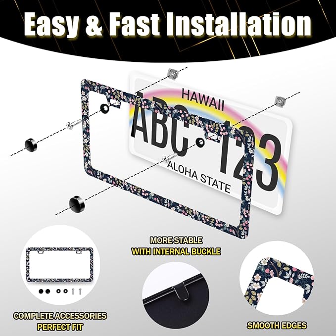 Blue Floral Flowers License Plate Frame Beautiful Flower License Plate Holder for Personalise Women Car Decorative Stainless Steel Colorful License Plate Auto Parts with Screws 12.2" x 6.2"