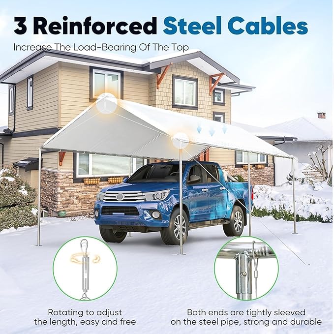 Quictent 10x15 ft Heavy Duty Car Canopy Galvanized Frame Carport Outdoor Party Tent Boat Shelter with 3 Reinforced Steel Cables - White