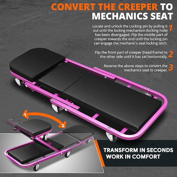 DNA MOTORING 40 Inches Folding 2 in 1 Rolling Z Creeper, Adjustable Roller Garage Chair Lay Down or Sit, 6 Pcs 2" Casters, 150kg Weight Capacity, Purple, TOOLS-00187-PR