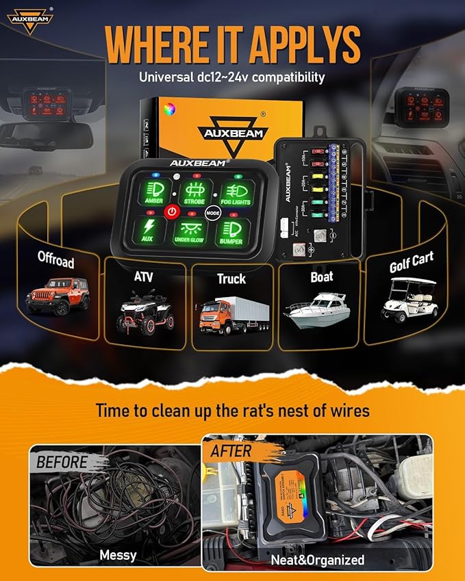 Auxbeam RGB 6 Gang Switch Panel RA60 Auto-Dimmable Switch Panel w/Momentary Toggle Pulsed Memory Function, 12-24V Switch Panel for Truck UTV Car Boat Waterproof, 2-Year Warranty