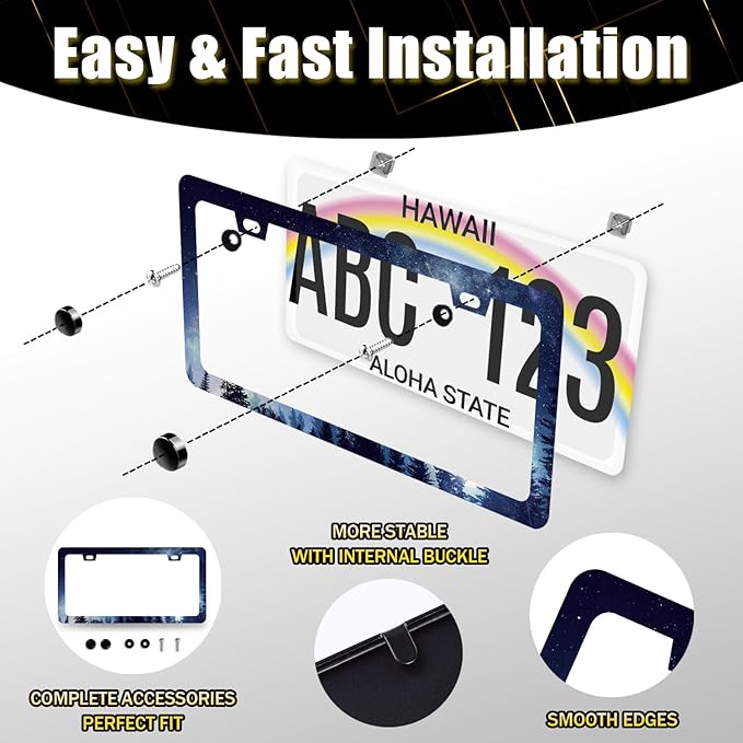 Beautiful Galaxy License Plate Frame Starry Sky Galaxy Forest License Plate Holder for Personalized Car Decorative Stainless Steel Colorful License Plate Galaxy Auto Part 12.2" x 6.2"