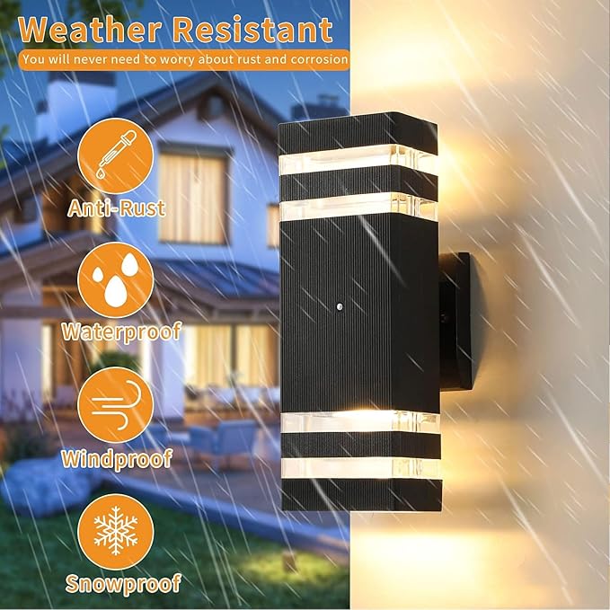 tewei 4 Pack Dusk to Dawn Outdoor Wall Lights Modern Exterior Light Fixture, 2-Layer Black Outside Lights for House, IP65 Waterproof Up and Down Outdoor Sconces Wall Lighting for Garage Porch, 3000K
