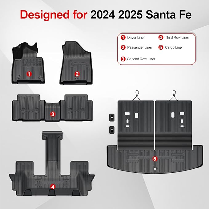 Floor Mats for 2025 Hyundai Santa Fe, All Weather TPE Cargo Mat with Backrest Mat Interior Car Mats Protection for Hyundai Santa Fe Calligraphy Accessories (Fit Hybrid and Fuel) 2024 2025