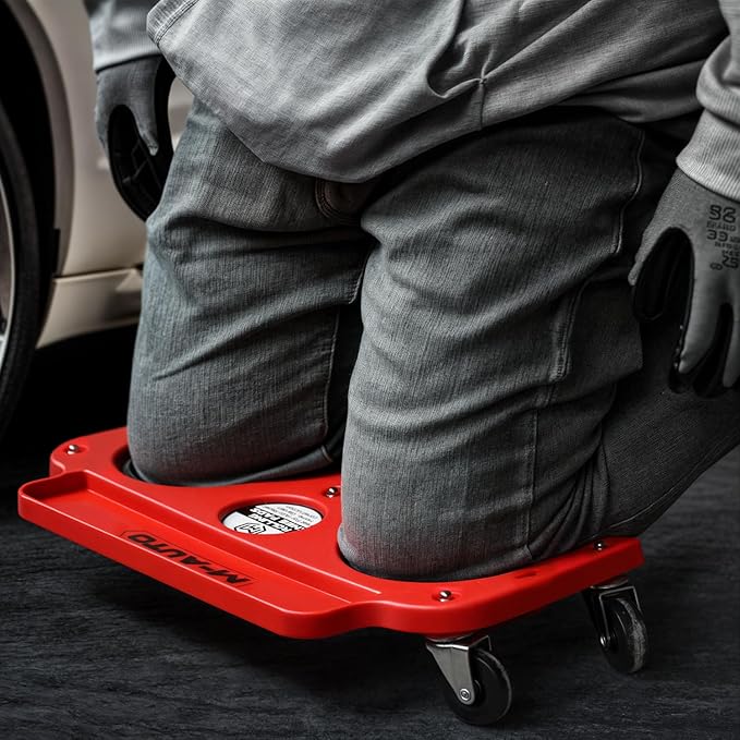 M-AUTO Rolling Knee Creeper Durable Knee Pads with Full 360 Degree Turn Casters and Tool Tray, Garage Kneeling Pads on Swivel Castors for Home Workshop Auto Repairing Maintaining, Red