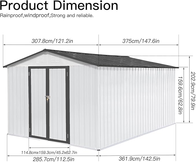 12 x 10 FT Metal Garden Shed, Outdoor Storage Shed with Heavy-Duty Steel Construction, Built-in Punched Vents & Hinged Door, Free Padlock for Secure Backyard, Patio & Garage Storage, White + Grey