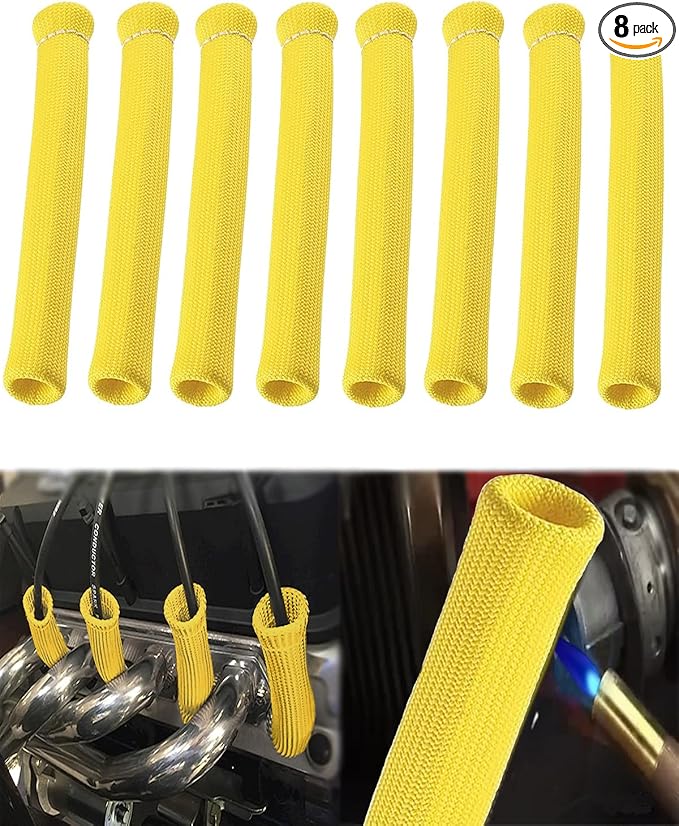 Spark Plug Wire Heat Shield - 8 PCS 2500° Spark Plug Wire Boots Protector, 6 Inches Spark Plug Heat Sleeve Protection Cover Replacement for LS1 / LS2 SBC BBC 350 454 Car Truck, Yellow