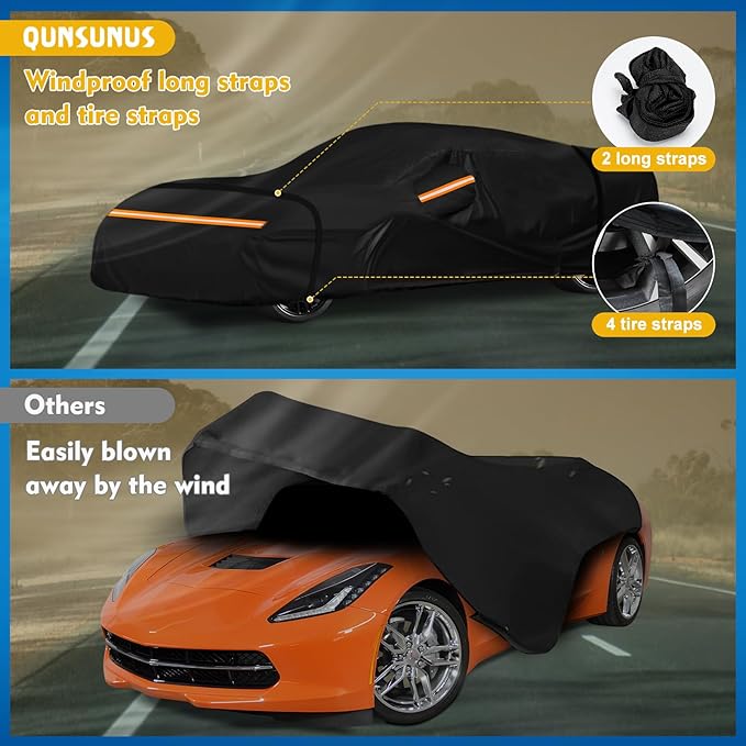 QUNSUNUS Waterproof Car Cover for C7 Corvette 2014-2019, Outdoor Car Covers with Zipper, All Weather Full Exterior Cover with Straps and Elastic Edges for Wind, Sun, UV and Dust Protection