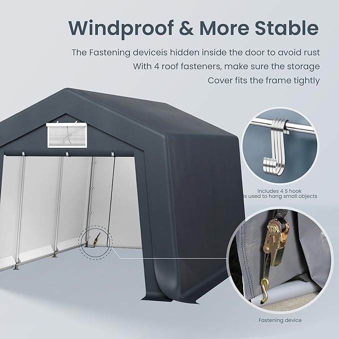 PHI VILLA 10'X15'*8.7' Outdoor Portable Storage Shelter Shed Garage with 2 Roll up Zipper Doors & Vents Carport for Motorcycle Waterproof and UV Resistant Anti-Snow Portable Garage Kit Tent, Gray