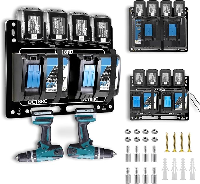 Battery Holder for Makita, Wall Mount for Makita DC18RC DC18RD Chargers, Suitable for Makita Battery Charger 14.4V/18V Batteries and 2 Drilling Screwdrivers, Storage in The Workshop and Garage