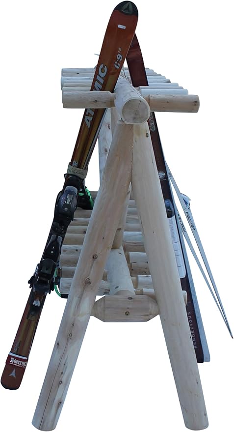 21-Place Freestanding Log Ski Rack Holder, Indoor & Outdoor Snowboard Racks, Standing Storage, Garage Racks for Snow Skis & Poles, Snowboard Rack Garage Storage Organizer - Unfinished + 15" Anchor Kit