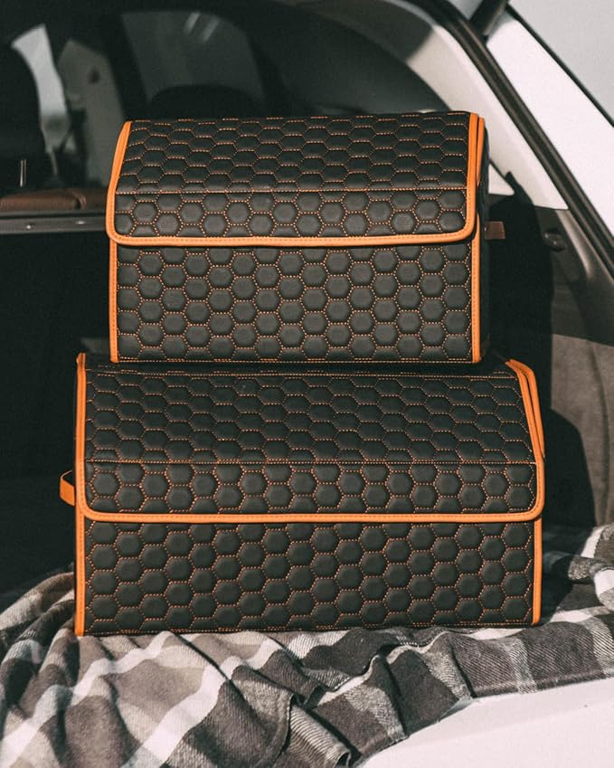Sedan Trunk Organizer 17.7" Storage Tote For Groceries, Tools & Travel Gear - Foldable Eco-Leather Car Crate With Magnetic Lid | Stylish Presents For Drivers | Black-Brown (Hexy 17)