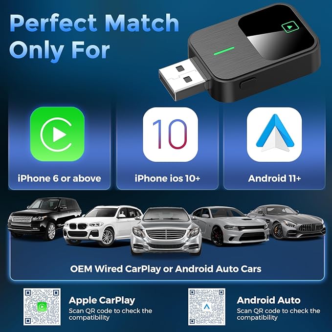 2-in-1 Wireless CarPlay & Android Auto Adapter with 1-Tap Switch & Reset, Wired to Wireless, Plug & Play USB/Type-C Dongle, Auto Connect, No Delay, Apple Car Play Wireless Adapter for iPhone & Android