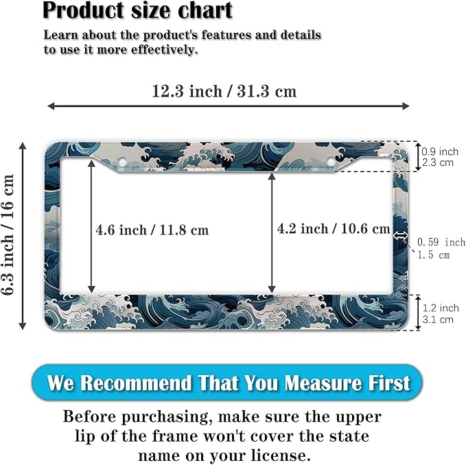 License Plate Frames for Men Multicolor License Plate Frame Holder for Women Ocean Waves Aluminum Metal Car Accessory 2 Pack with Screw Covers Set