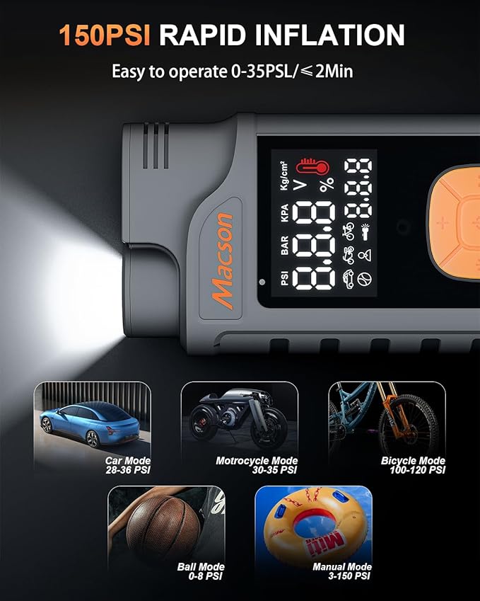 Jump Starter with Air Compressor-1500A Portable Car Battery Charger(Up to 7.5L Gas/5.5L Diesel),12V Jumper Box 150PSI Auto Tire Inflator with Jumper Cable, USB Charge, DC Output and Flashlight