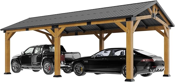 Jocisland 12x24 FT Cedar Wood Hardtop Carport with Steel Roof, Waterproof Outdoor Gazebo Pavilion, Heavy-Duty Snow & Wind Resistant Canopy for Patio, Driveway, Garden