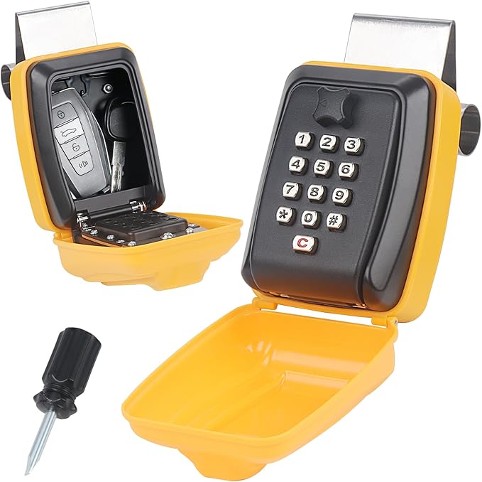 Car Key Lock Box, Yellow Punch Button Combination Lock Box, Car Window Lock Box Wall Lock Box, Sturdy Waterproof Security Key Storage, Credit Cards, Fit for Turo, Ride Share, GetAround