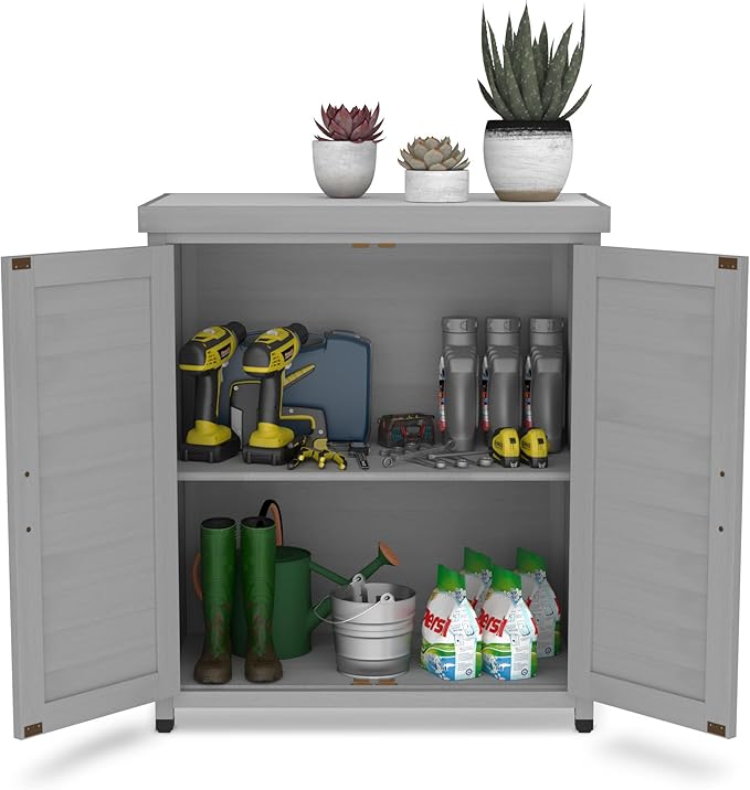 Outdoor Storage Shed Waterproof, Potting Shed with Storage Cabinet and Metal Table Top for Backyard Garden Patio,Outdoor Work Station Table