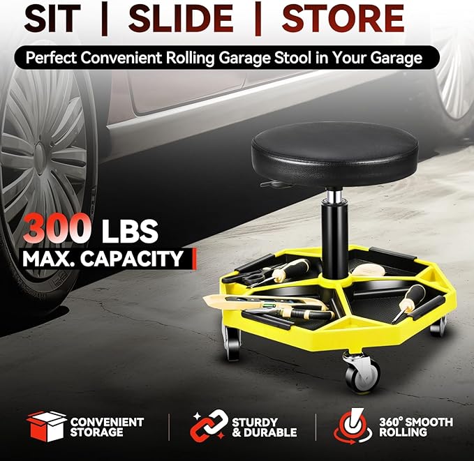 Auto Dynasty Mechanic Stool, Adjustable Rolling Pneumatic Creeper Garage Shop Seat with Tool Tray, 300 LBS Roller Seat for Workshop Auto Repair, Adjustable Height 15.7" to 21", Yellow