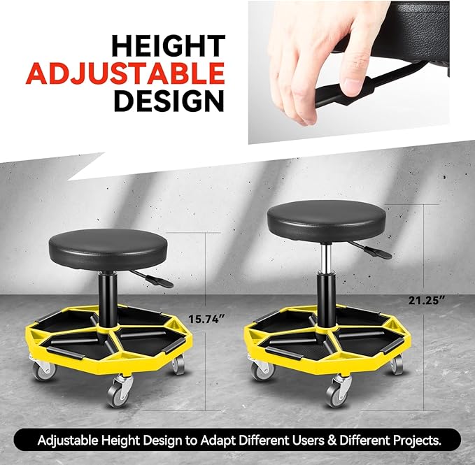 Auto Dynasty Mechanic Stool, Adjustable Rolling Pneumatic Creeper Garage Shop Seat with Tool Tray, 300 LBS Roller Seat for Workshop Auto Repair, Adjustable Height 15.7" to 21", Yellow