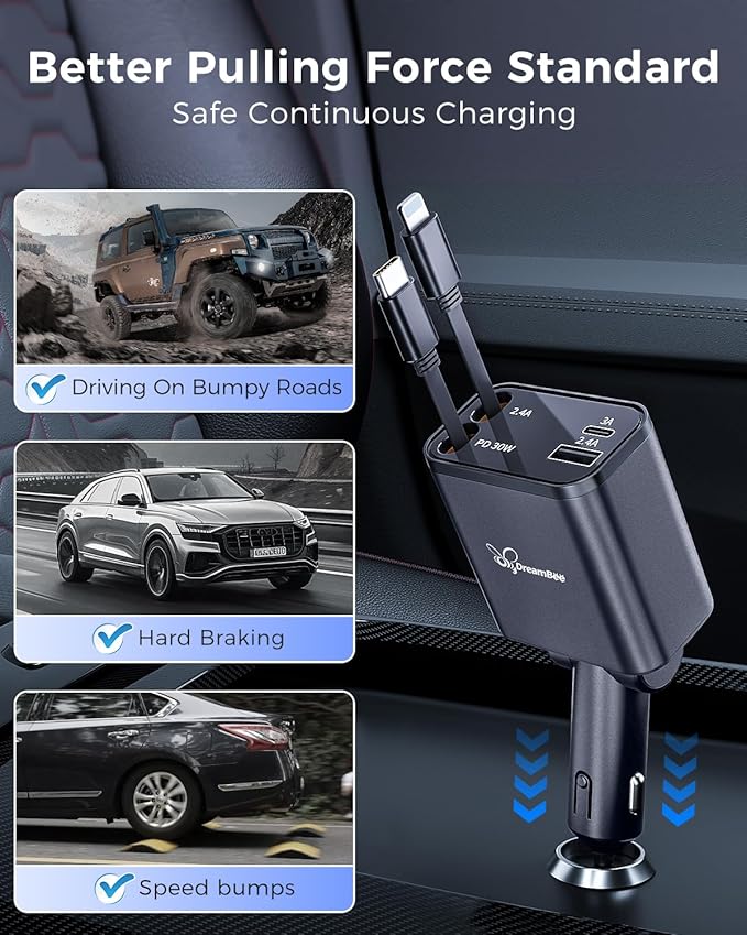 DreamBee Retractable Car Charger,custom-made modelRetractable Cables (31.5 inch) and 2 USB Ports Car Charger, PT-27