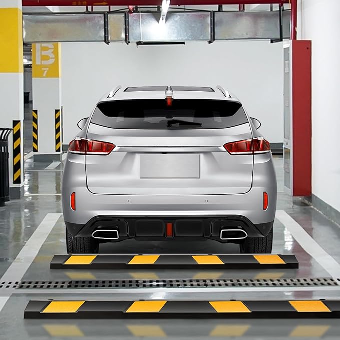 Rubber Parking Curb Garage Floor Stopper, 72" Heavy Duty Parking Lot Stopper with Yellow Reflective Stripes, Guide Wheel Stopper for Car, Truck, RV, Trailer, Driveway (4 Pack)