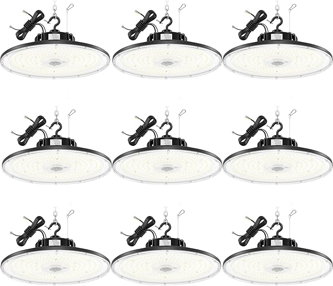 BBESTLED 9 Pack LED High Bay Lights 240W 33,600LM 5000K, Dimmable UFO LED High Bay Shop Light, UL DLC Listed, IP65 Waterproof Commercial Warehouse Lights for Gyms Garage Workshop Barn Factory