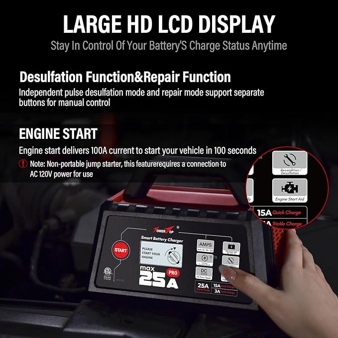 TowerTop 25A Max Pro Battery Charger: 12V Fully Automatic Smart Trickle Charger, Automotive Battery Maintainer with Engine Start, DC Supply, Winter Mode, Recondition,Desulfation, for Lead Acid/Lithium