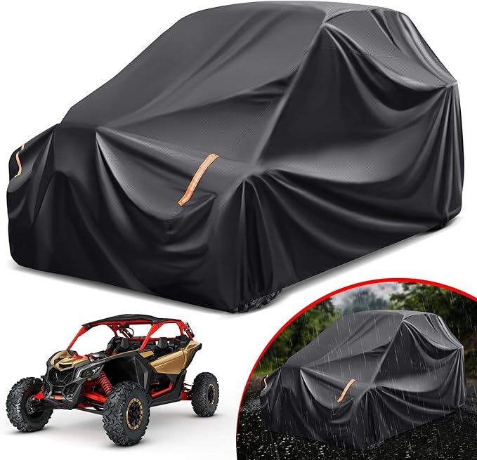 Benlari Heavy Duty UTV Cover - 420D Waterproof Oxford Cloth, PU Coating, 2 Adjustable Windproof Buckles, 4 Wheel Tie-downs and Reflective Strips for Outdoor All-weather Protection (136" x 75" x 69")