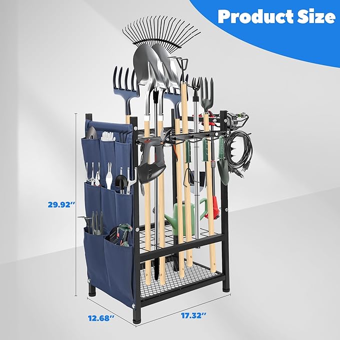 Garden Tool Rack Freestanding, Heavy Duty Garden Tool Organizer, 3-tier Tool Rack, Multifunctional Yard Tool Storage with Hooks and Storage pockets for Outdoor Long-Handled Broom Shovel Rake