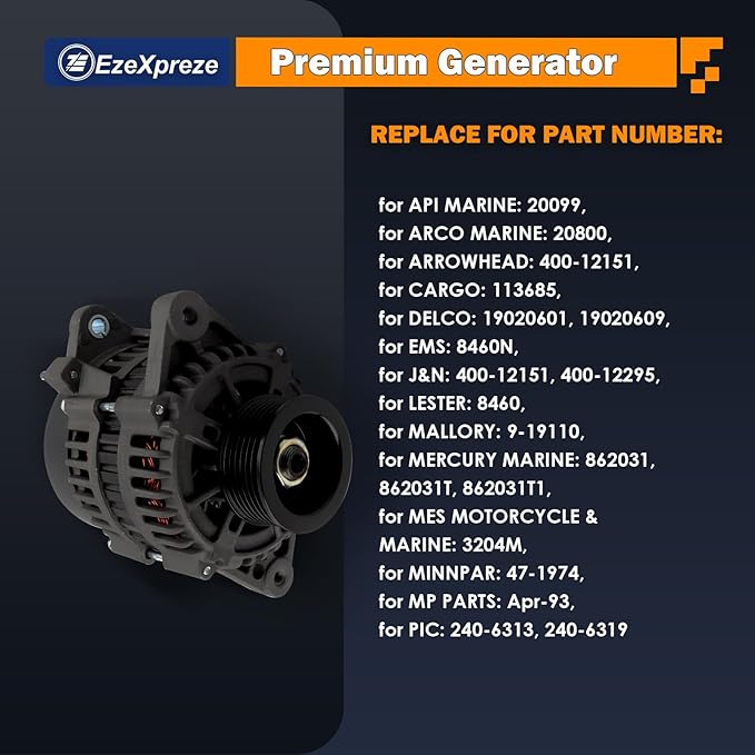 Ezexpreze 8460 New Alternator for Mercruiser Model 350 Mag MPI, 4.3L EFI, 454 Mag Bravo MPI, 5.7L Ski, 7.4L MIE, MX 6.2L 20099, 400-12151, Apr-93, 862031, 113685