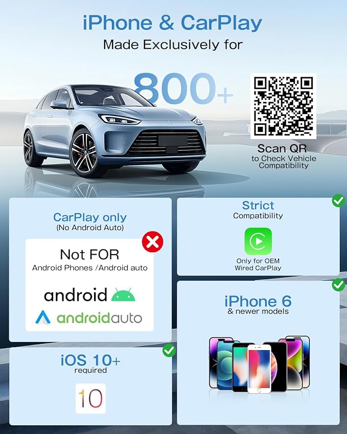 Wireless CarPlay Adapter for iPhone, 3X Faster Auto-Connect, No Lag, Plug & Play with Bluetooth 4 & WiFi 6, Mini Dongle, Includes USB & USB-C Extension Cable, Stable Wireless Conversion