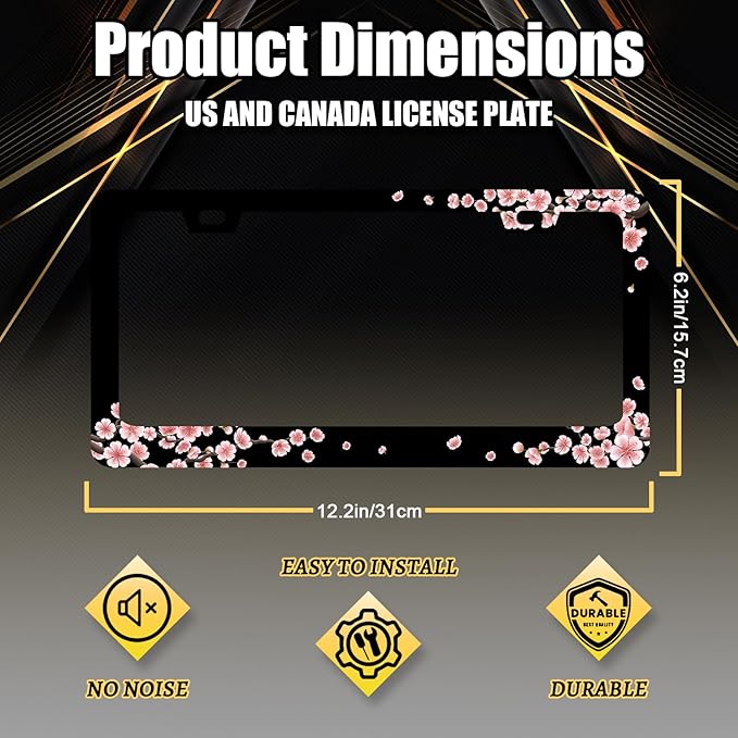Beautiful Cherry Blossom License Plate Frame Pink Floral License Plate Holder Stainless Steel Colorful License Plate for USA Canada 6.3"X12.3" with 2 Holes and Screws