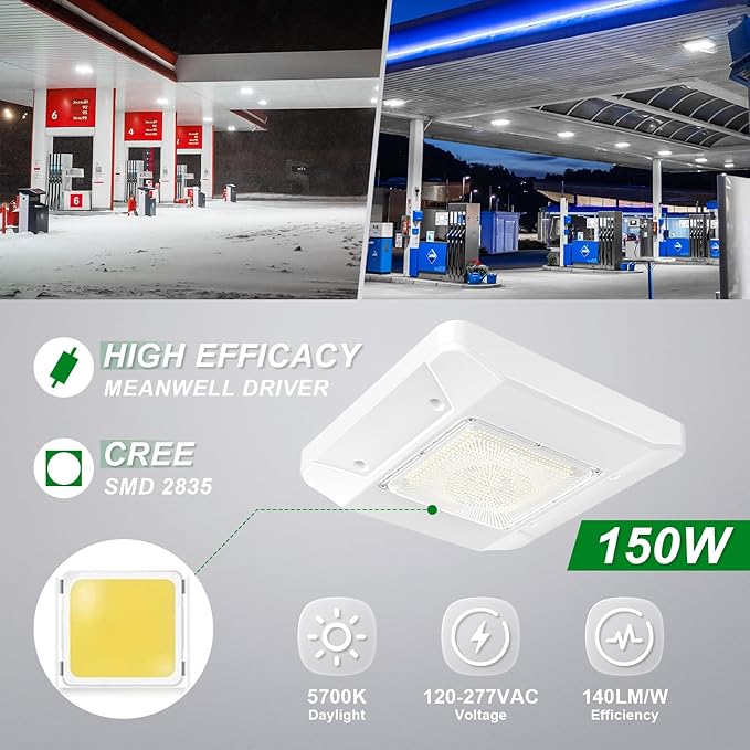 OSTEK LED Gas Station Canopy Light, 150W Carport Ceiling Light 5700K, Outdoor Rated (600W HID/HPS Equivalent), 90-277V IP65 DLC & UL Listed (150W-1 Pack)