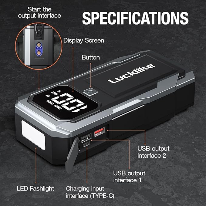 Lucklike Car Battery Jump Starter Portable, Jump Starter Battery Pack for 8.0L Gas/7.0L Diesel Engines,12V Jump Box with Portable Charger Power Bank, 3 Modes Emergency Light and Jumper Cable