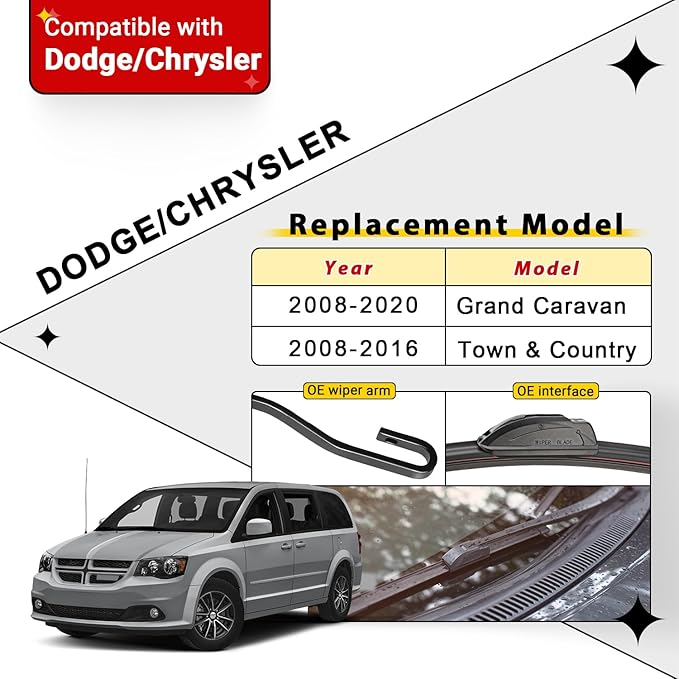 Windshield Wiper Blades Replacement for Dodge Grand Caravan 2008 2009 2010 2011 2012 2013 2014-2019 Original Factory Quality Front Rear Wipers Blade Set for Car - 26" 20" 16" (Piece of 3)