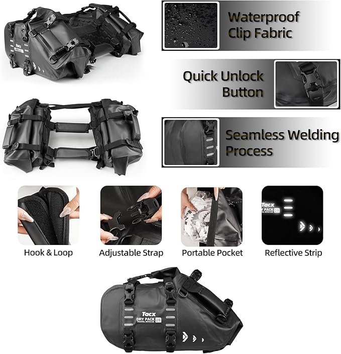 Motorcycle Saddle Bags Tail Bag, 20L Roll-top Waterproof Motor Detachable Side Trunk Bag, Motor Panniers Luggage Bag for Motorcy