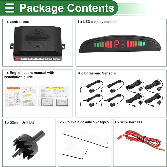 Motoforti Universal Car Auto Vehicle Reverse Backup Radar System Reverse Parking Sensors Alarm Buzzer Reminder Distance Detection Black 8 Parking Sensors