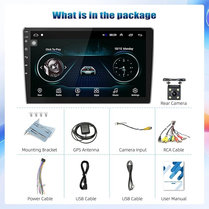 Double Din Car Stereo Radio Receiver, 10.1” 2.5D Curved HD Touch Screen Head Unit Multimedia Player, Support Rear View Camera&Android iOS Mirror Link Dual USB Input+License Plate Camera