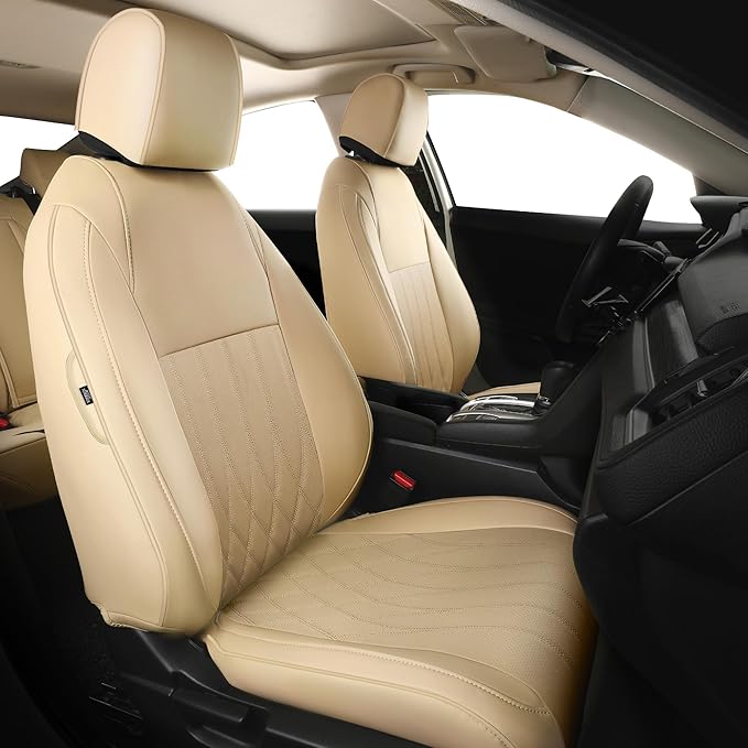 Seat Covers for Honda Civic Sedan LX 2016 2017 2018 2019 2020 2021, Faux Leather Car Seats Cover Full Set (Rear Row Solid & No Folding Backrest)-Beige