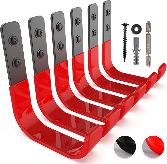 4 Inch Garage Hooks, 6 Pack Heavy Duty Wall Hooks for Hanging, Ladder Hangers for Garage Wall Mount, Steel J Utility Garden Hose Holder Tool Organizers and Storage(55lbs)