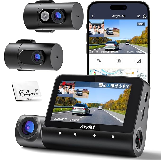5K 3 Channel Dash Cam, Wi-Fi GPS with 64GB Card, 4K+1080P+1080P Front and Rear Inside Triple Car Camera with 3'' IPS Screen, IR Night Vision, Voice Control, 24H Parking Monitor, 512GB Max
