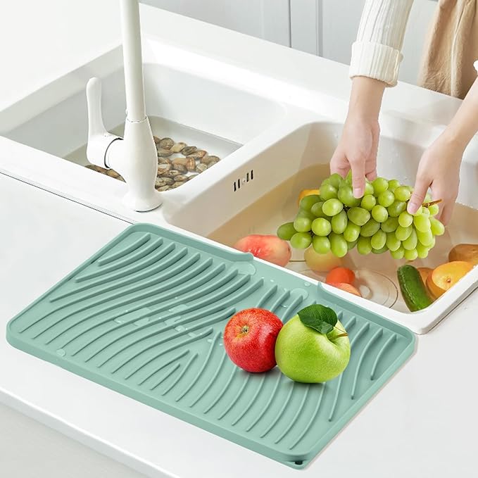 Silicone Dish Drying Mat for Kitchen Counter, Dish Drying Pad, Non-Slip Drain Pad with Built-in Drain, Heat Resistant Stone Drying Mat(15.8" x 13", Mint)