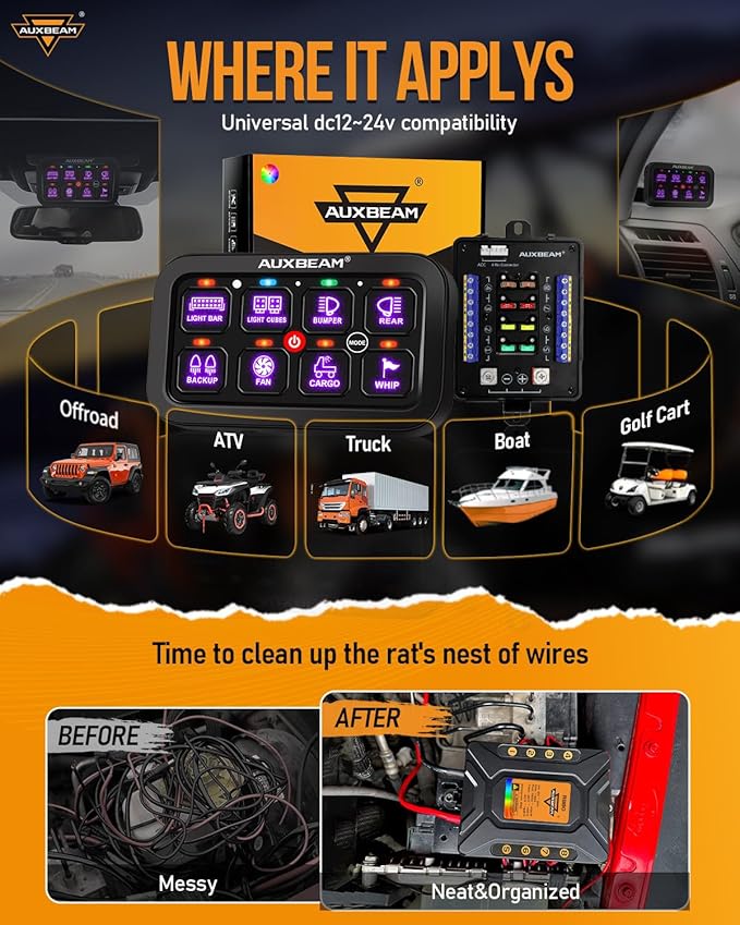 Auxbeam Switch Panel RB80 RGB 8 Gang Switch Panel Auto-Dimmable Multifunction Switch Panel w/Momentary Toggle Pulsed Memory, Aluminum Switch Panel for Truck Boat Car RV Waterproof, 2-Year Warranty