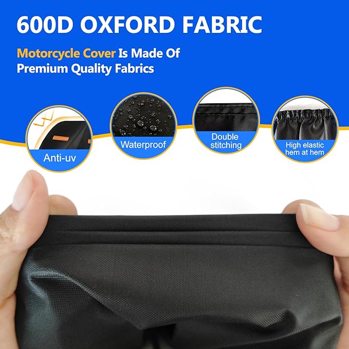 Motorcycle Cover, 600D Heavy Duty Waterproof Motorbike Cover, Dustproof Motorcycles Vehicle Cover Scooter Shelter Protection with Reflective Strips & Storage Bag 97.5" x 41" x 50"